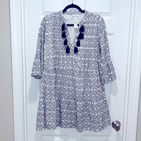 Tommy Bahama Diamond Clip Jaquard Tier Dress with Bell Sleeves & Tassels Size XS - Picture 5 of 10